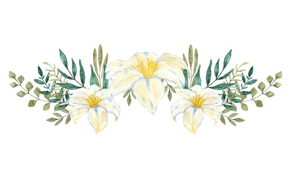 White flowers and green leaves. Watercolor composition. For first communion, wedding, baprism greeting card, invitation. Hand drawn. White lily. Isolated on a white background