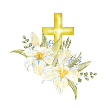 Watercolor composition with white and blue flowers and golden cross. For first communion, wedding, baprism greeting card, invitation. Catholic religious symbols. Hand drawn. Isolated