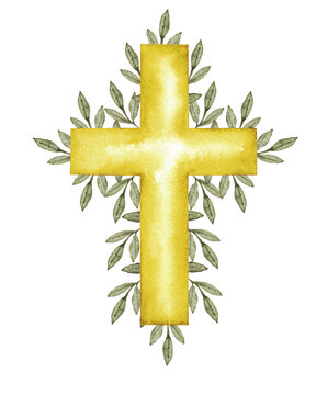 Hand drawn watercolor composition. Golden cross decorated with green leaves. Catholic religious symbol. For first communion, wedding, baprism greeting card, invitation. Isolated on white background