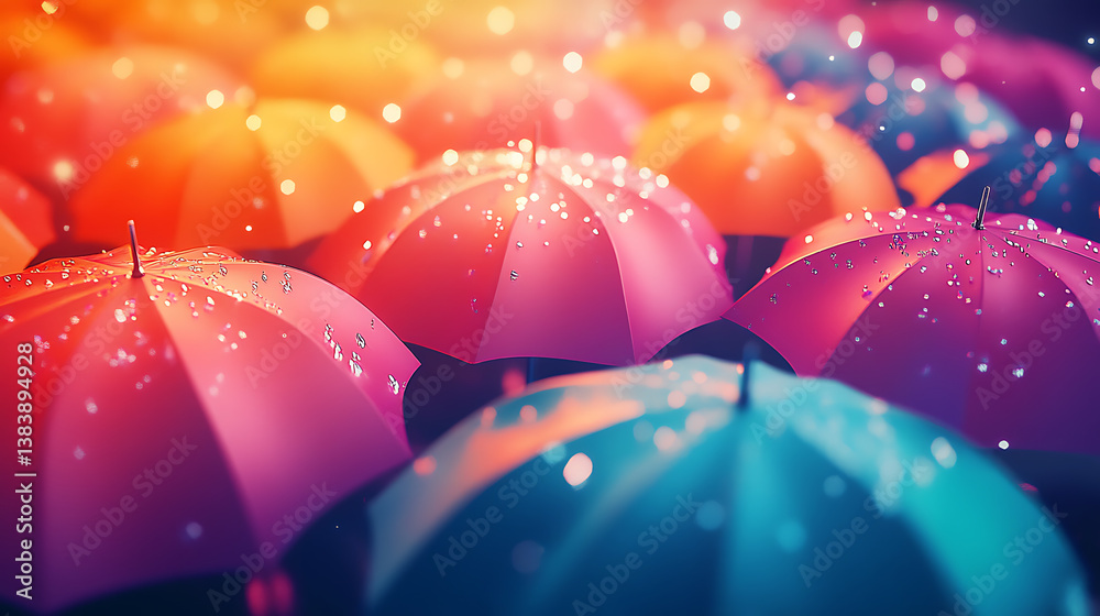 Poster A colorful design of many umbrellas standing next to each other