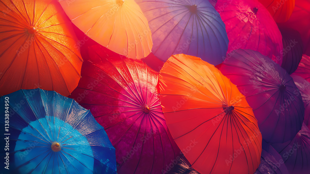 Poster a colorful design of many umbrellas standing next to each other