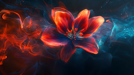 Obraz premium A colorful flower blooming in the dark, with red and blue flames swirling around it