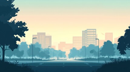 Obraz premium Cityscape sunrise, park road, misty morning, urban landscape, background