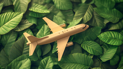 A creatively designed cardboard airplane and a trail of vibrant green leaves, the concept of sustainable aviation, highlighting the importance of ecofriendly practices in the aviation industry