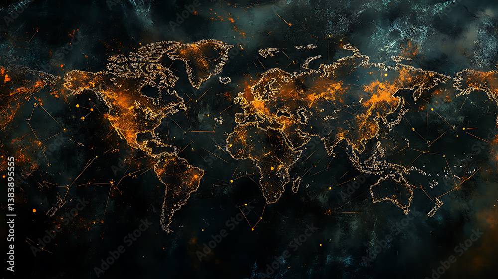 Poster A digital map of the world with interconnected nodes representing global network connections, data flow and cyber security technology