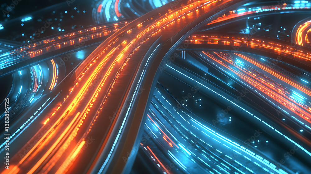 Poster a dynamic cityscape with light trails representing cars moving at high speed on a highway