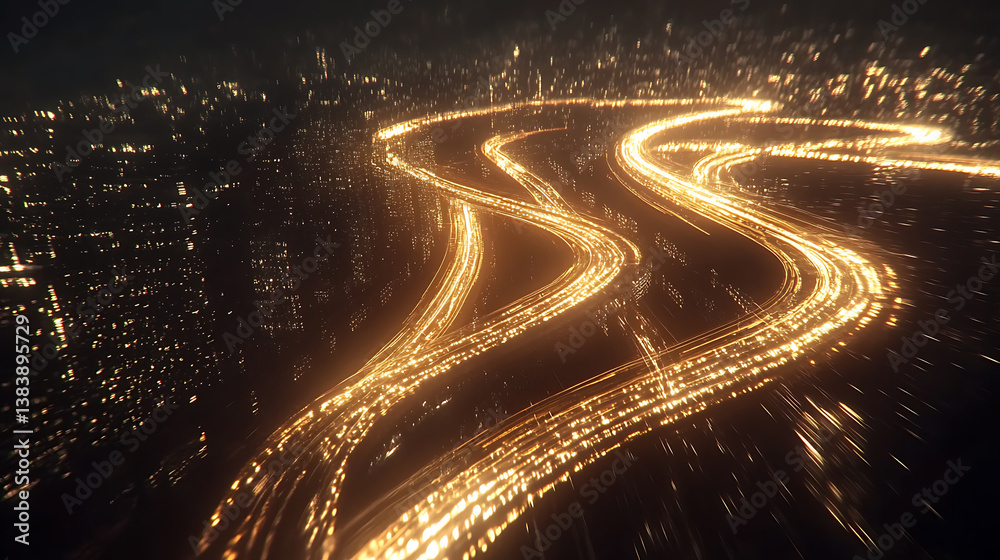 Poster a dynamic cityscape with light trails representing cars moving at high speed on a highway