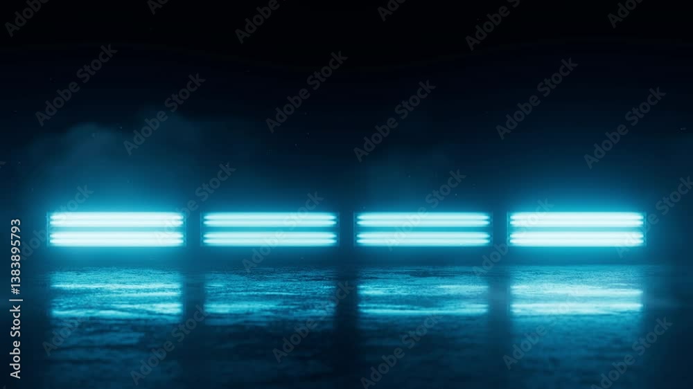Wall mural abstract stage background with bright lights and fog animation. empty template for product presentat