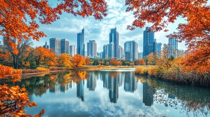 Autumnal Urban Reflection: Cityscape mirrored in tranquil lake, framed by vibrant fall foliage.
