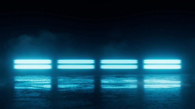 Abstract stage background with bright lights and fog animation. Empty template for product presentation. Night party celebration texture. Seamless loop.