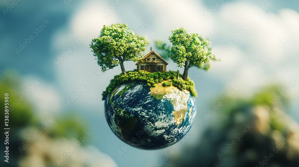 Aufkleber a floating mini world, the bottom half is planet earth, the top half is a tiny house with tiny trees