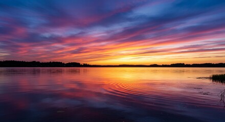 Obraz premium Serene Sunset Over Calm Lake - Vibrant sunset colors reflected on a tranquil lake, creating a peaceful and picturesque scene