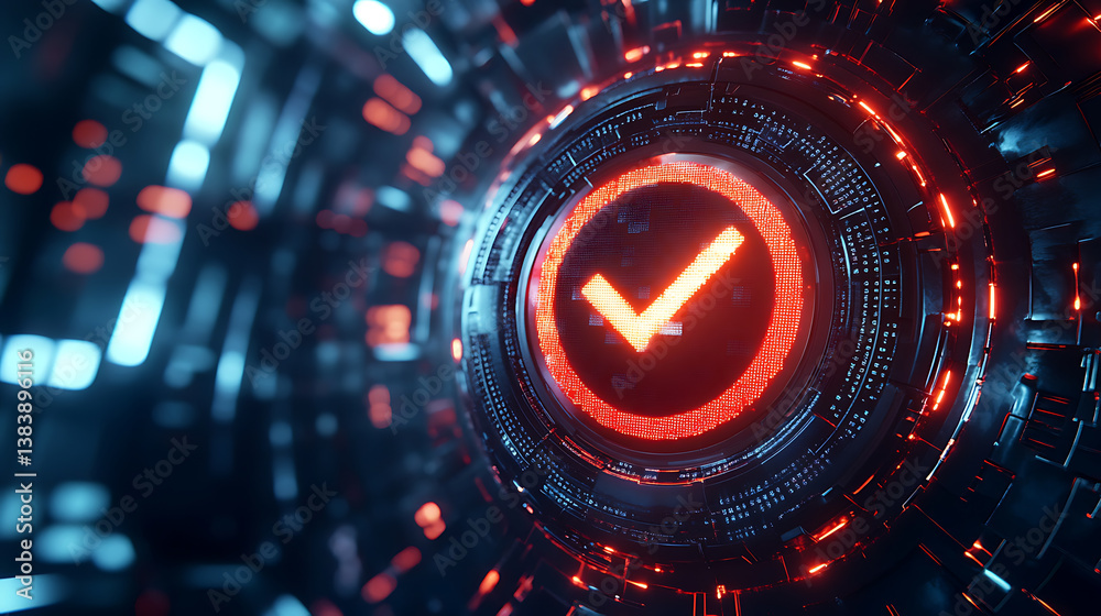 Poster A futuristic digital shield with a checkmark symbol on it, representing security and protection in the abstract space of data technology