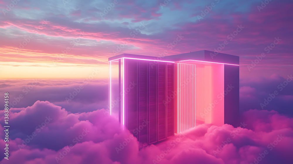 Poster a futuristic server room hovers above the clouds, a cloud storage concept, network and internet comm