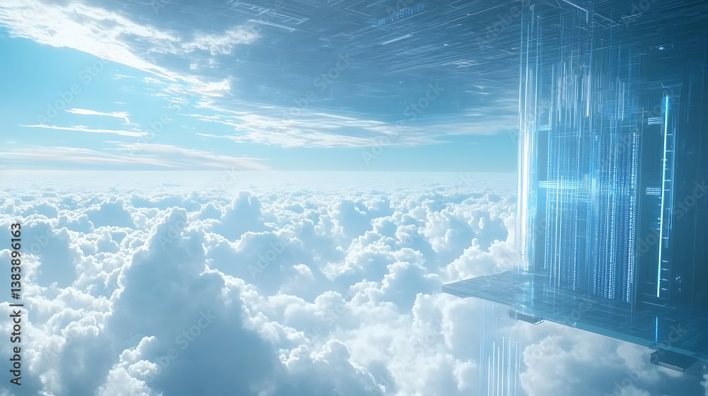 Poster a futuristic server room hovers above the clouds, a cloud storage concept, network and internet comm