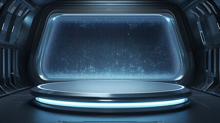 A futuristic stage, with a podium in the center, sci-fi futuristic catwalk, futuristic blue glowing showcase, empty product stand for product presentation, 3d render