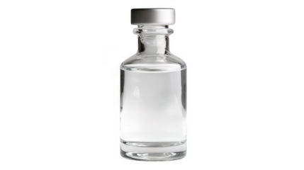 Scientific glass medical bottle with clear liquid laboratory setting product photography minimalist view healthcare concept