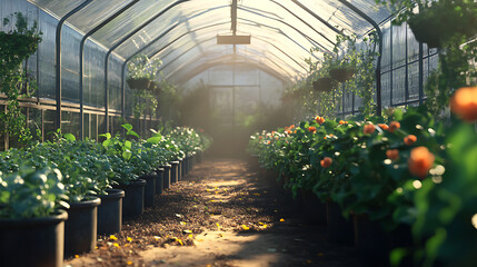 A greenhouse plants in farm, eco-conscious agricultural concept