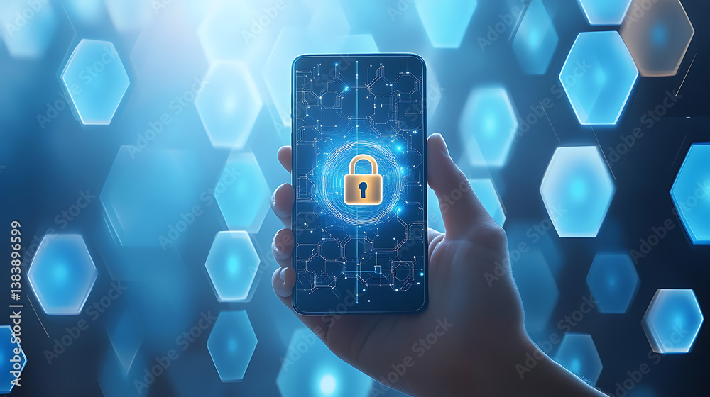 Aufkleber a hand holding an phone with the digital padlock symbol glowing on top of it, against a background o