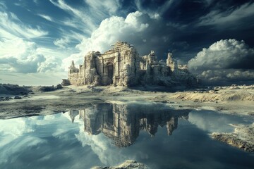 Ancient ruins reflect in still water under dramatic clouds near sunset