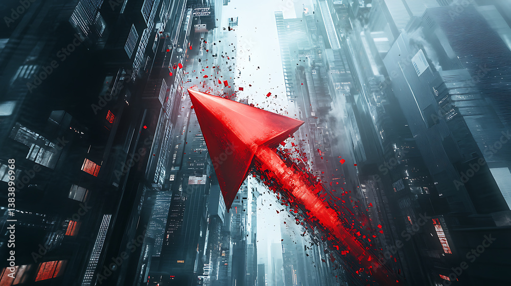 Poster a large red arrow crashing into the ground symbolizes a stock market crash in a futuristic cityscape
