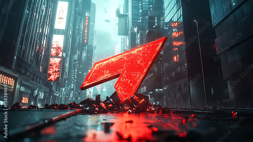 Poster a large red arrow crashing into the ground symbolizes a stock market crash in a futuristic cityscape