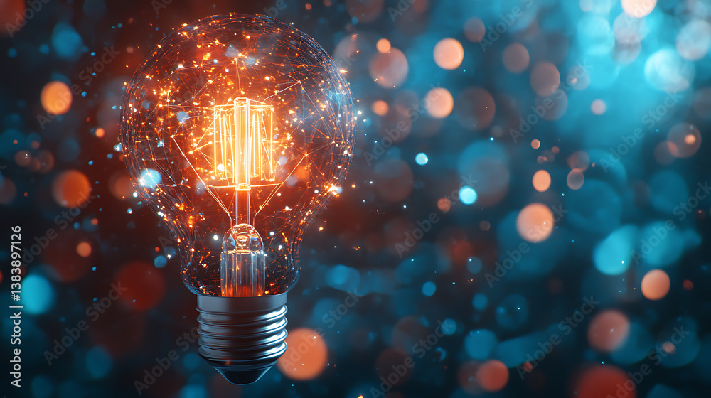 Poster a light bulb with a digital technology and innovation concept on a blue background
