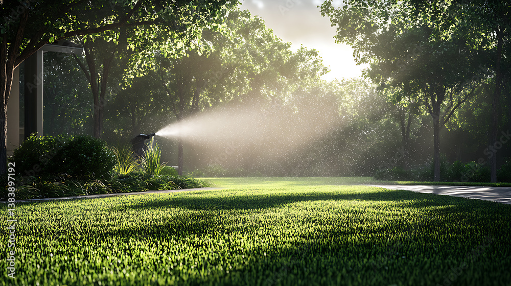 Poster a lush green lawn being watered by a modern, efficient sprinkler system, showcasing an automatic irr