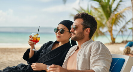 Young caucasian couple relaxing on tropical beach with cocktails in hand