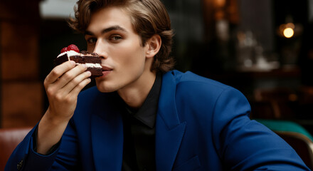 Young caucasian male enjoying chocolate cake in a stylish cafe setting