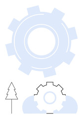Large translucent gear overlaying smaller gear and tree shape highlights the balance of technology and nature. Ideal for innovation, sustainability, industry, development, environment, progress, flat