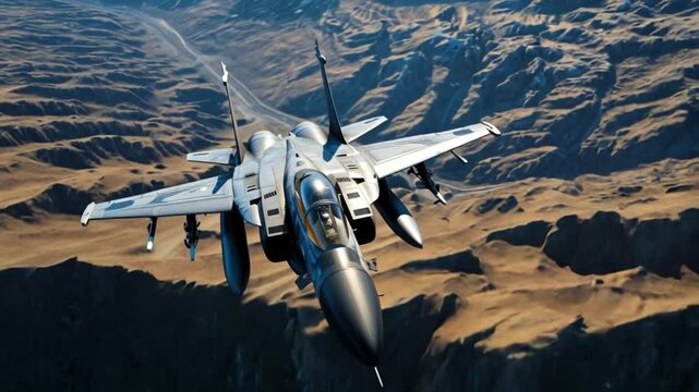 A fighter jet executes impressive aerial maneuvers above a mountainous terrain, showcasing its agility and speed during a military training operation in broad daylight