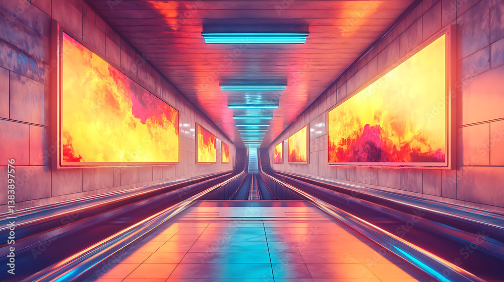 Poster A mock-up of a poster media template displaying ads in the subway escalator of a nyc subway station, 3d environment illustration