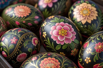 Traditional Easter Egg Art: Intricate Matryoshka Floral Designs on a Dark Background