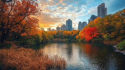 Autumnal Urban Oasis: Serene Lake Reflecting City Skyline