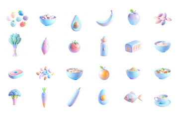 Obraz premium A vibrant collection of 3D food icons featuring fruits, desserts, and various dishes rendered in pastel colors. Perfect for culinary designs.