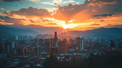 Fototapeta premium Golden Sunset over Medellin Cityscape: Breathtaking Panoramic View