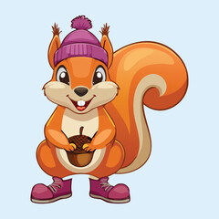 Naklejka premium forest squirrel with tiny boots and acorn hat, smiling face, 