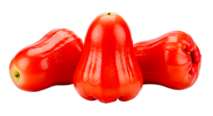 Close up shot of three shiny red rose apples arranged on a black background in a studio setting