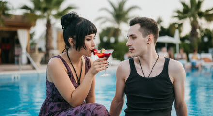 Young caucasian couple relaxing by poolside with cocktails at sunset