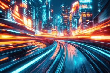 Futuristic train speeds through a vibrant cyberpunk city with glowing neon reflections and dynamic motion blur at night
