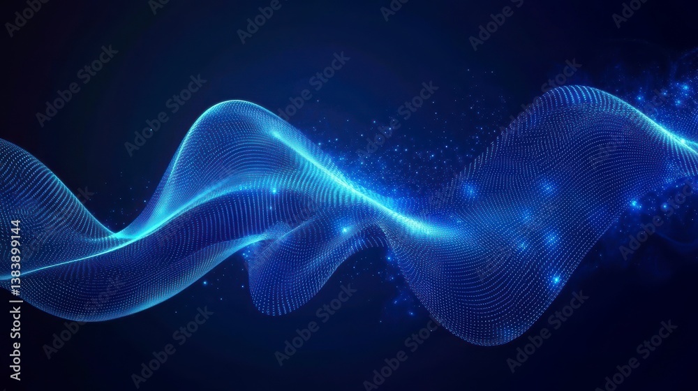 Poster abstract blue glowing wave with particles on dark background.