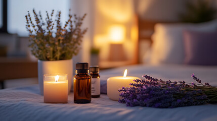 A serene bedside table with lavender, essential oils, and candles, promoting natural sleep optimization