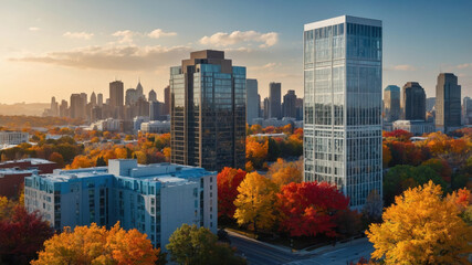 Obraz premium City skyline during autumn with colorful trees and modern architecture at sunset in an urban setting