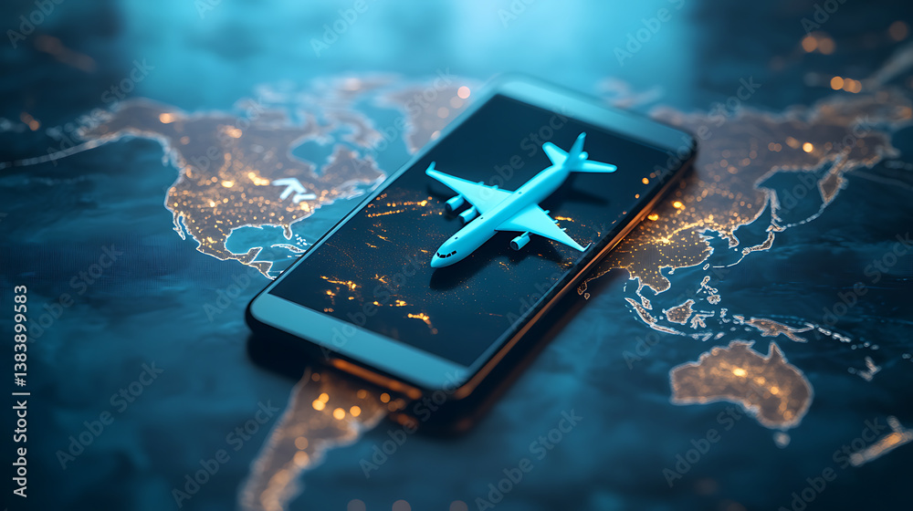 Poster A smartphone with an airplane icon on the screen, placed over a world map mobile device displaying flight information or an easy management platform for air travel