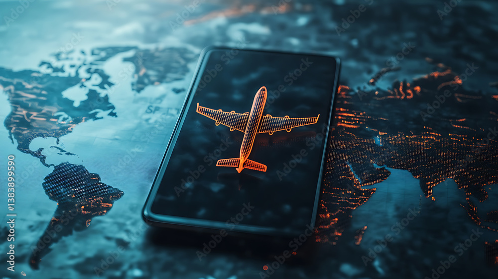 Poster A smartphone with an airplane icon on the screen, placed over a world map mobile device displaying flight information or an easy management platform for air travel