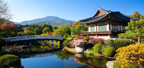 Fototapeta premium Serene Japanese Garden with Pond and Traditional Architecture