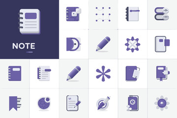 Notes icon pack in deep purple and white flat style - vector school and productivity symbol set