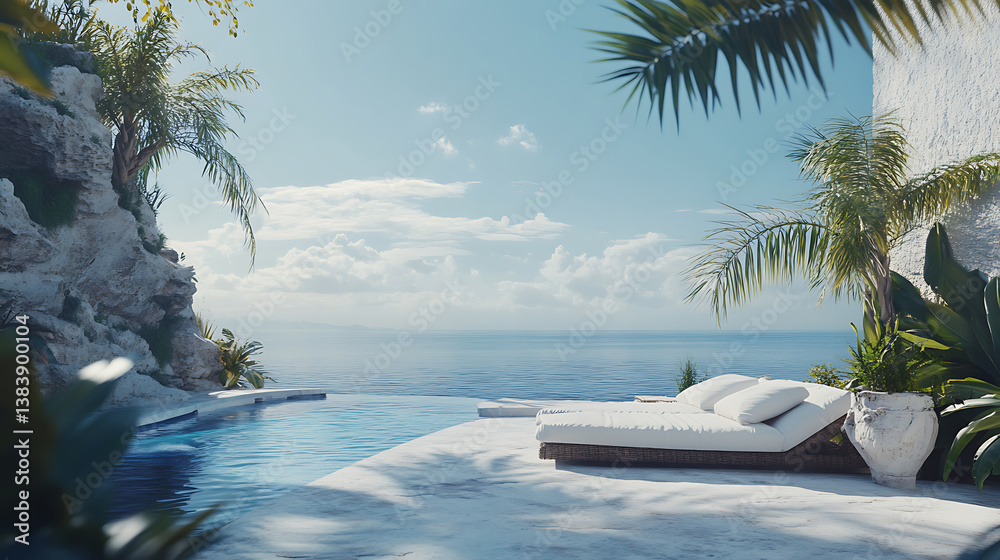 Poster a terrace with an ocean view with a white lounge by the pool