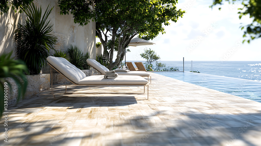Poster a terrace with an ocean view with a white lounge by the pool